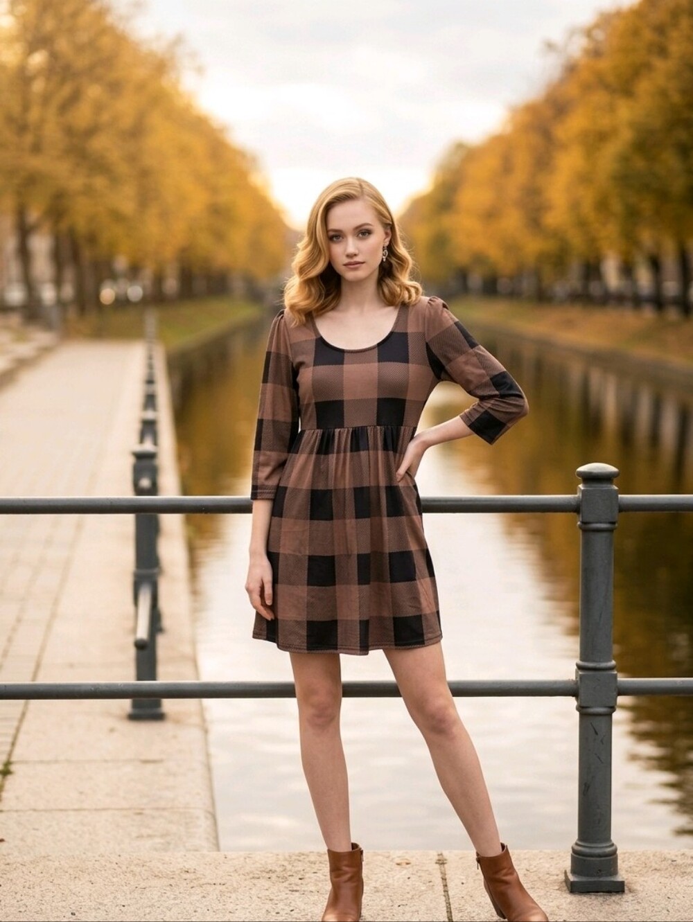 Reborn Mini Dress S Brown Black Plaid Pattern